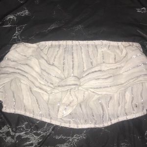 linen tube top w tie detail and metallic stripes